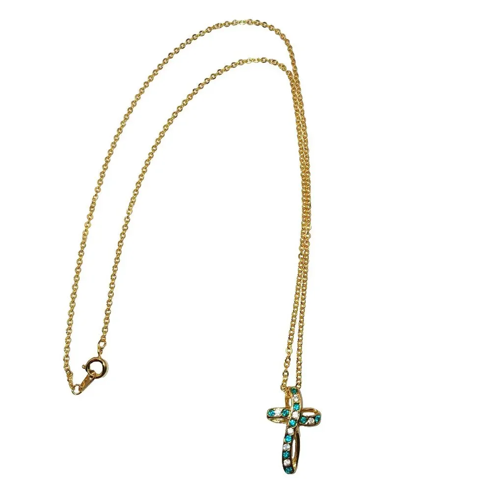 Cross Necklace 18K Gold Plated Genuine Austrian Crystal Blue December Birthstone